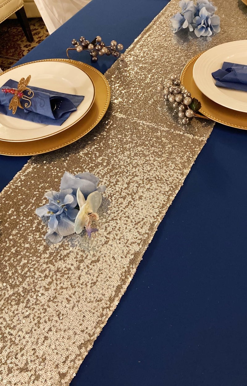 ShiDianYi Sequin Table Runner - Light Gold, 14x108-Inch Sequence, Sparkly Table Cover for Bridal Showers & Parties - Image 2